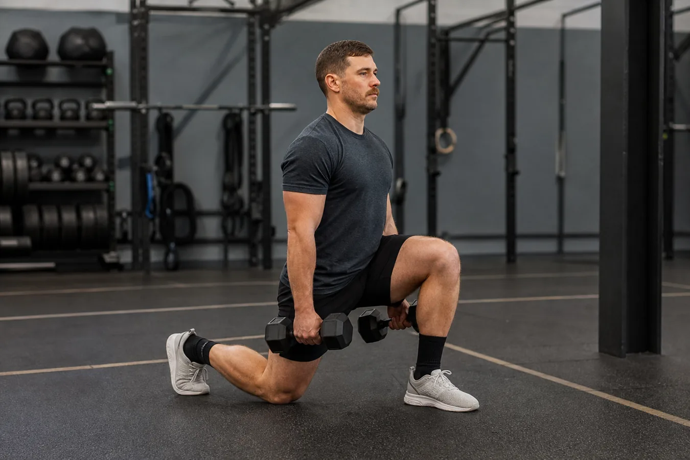 CrossFit athlete stepping into a walking lunge with the front knee tracking over the toes