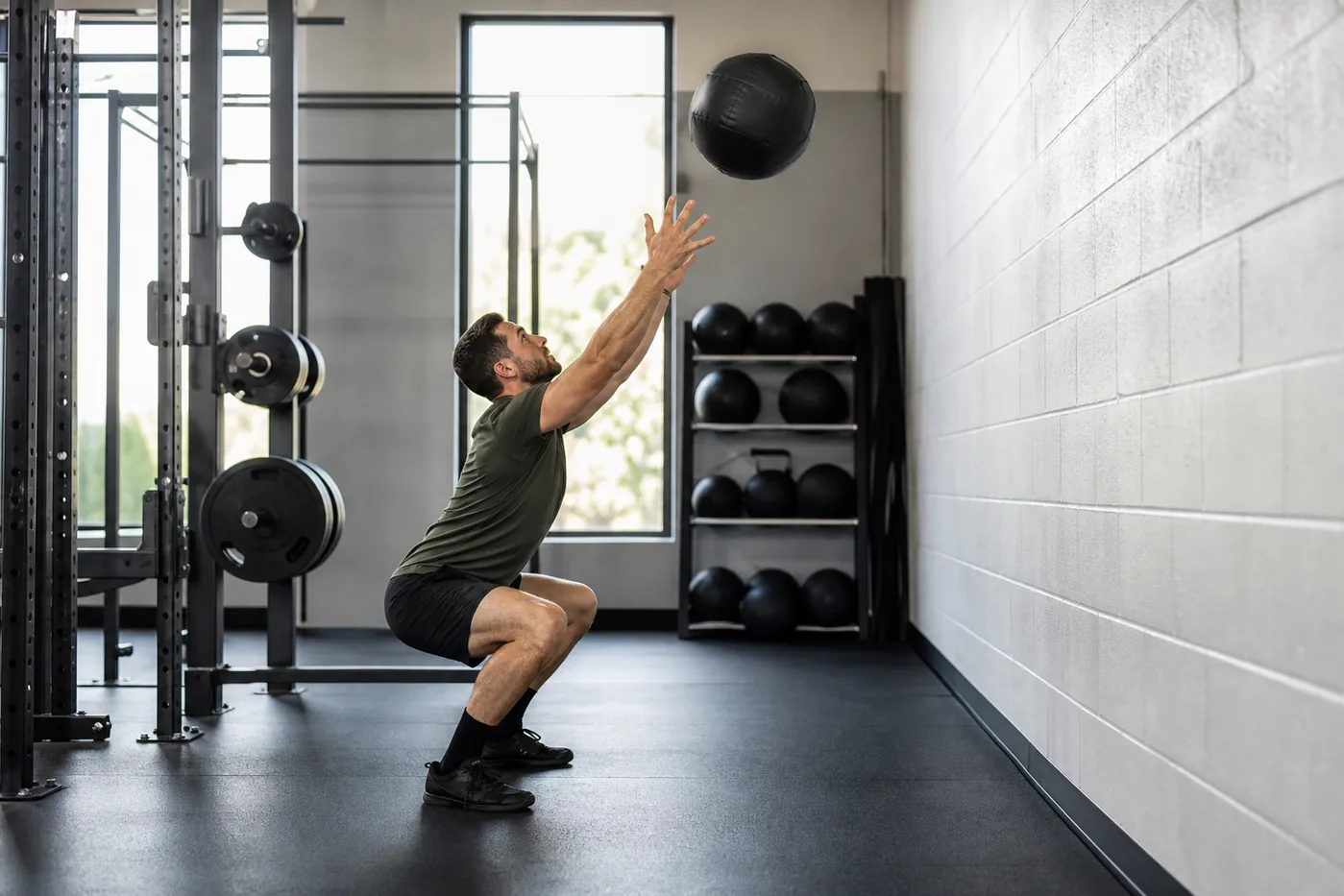 Athlete performing a CrossFit wall ball rep in a functional fitness gym