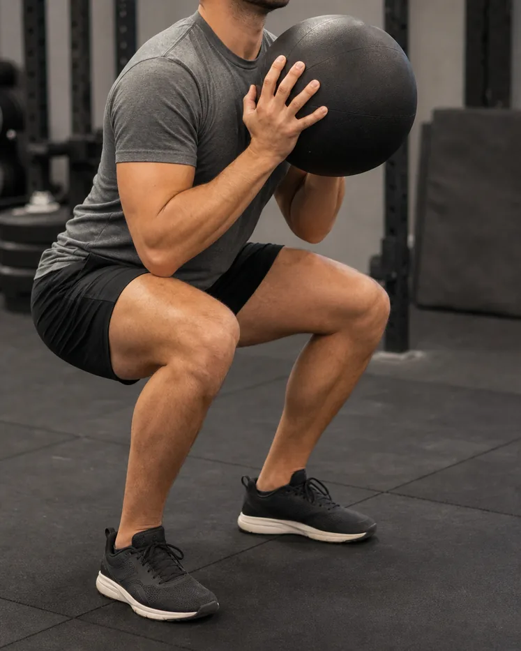 Medicine ball held at chest height during the squat portion of a wall ball