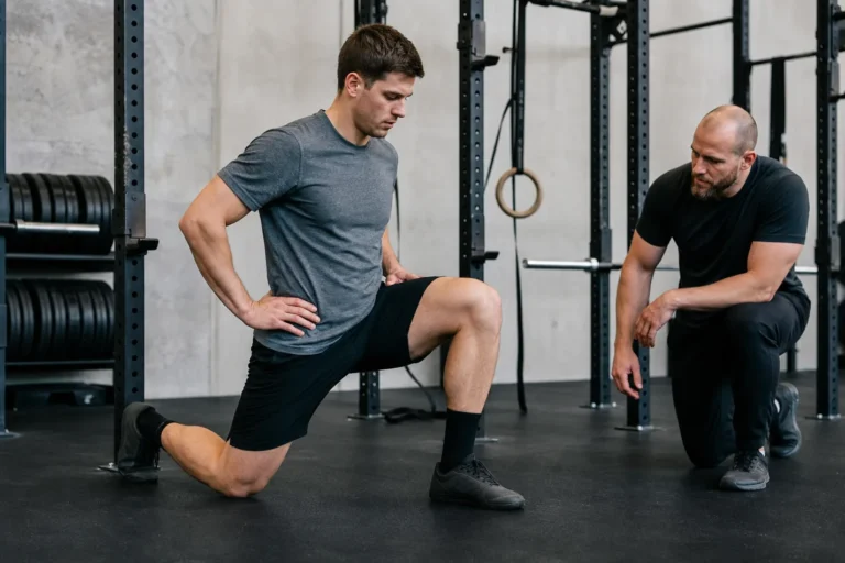 CrossFit athlete checking ankle mobility before squats in a gym