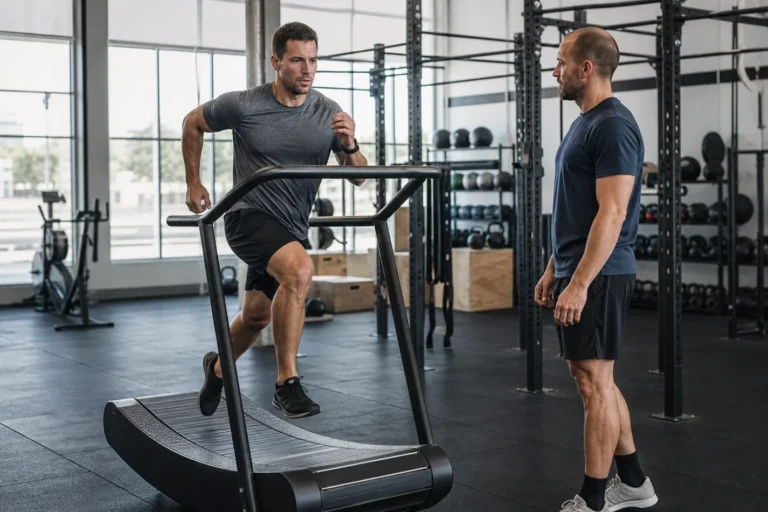 Athlete running on a curved manual treadmill in a CrossFit gym