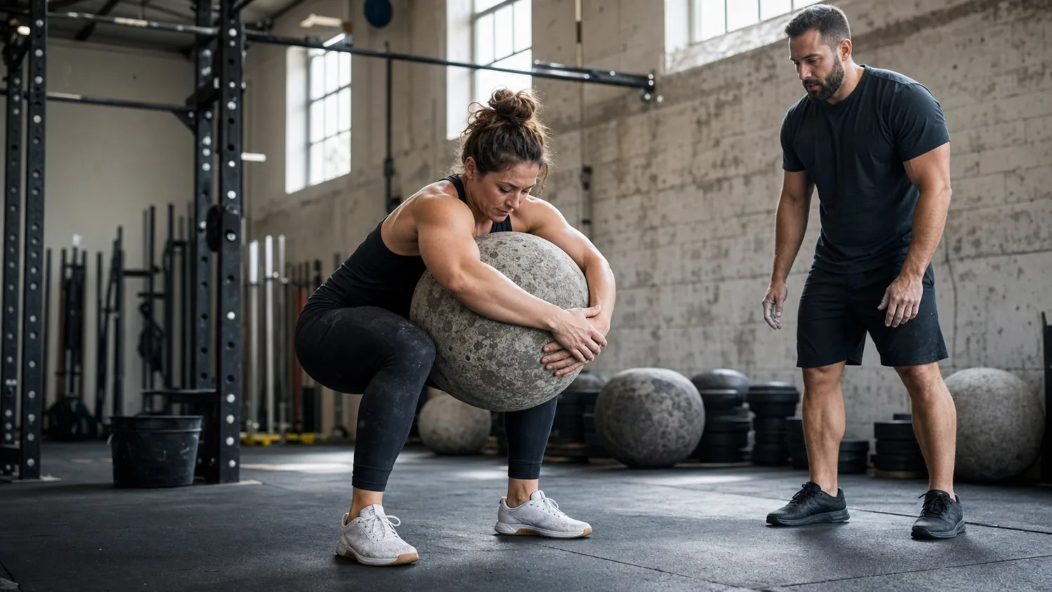 CrossFit athlete lap-loading an atlas stone with a coach watching back position