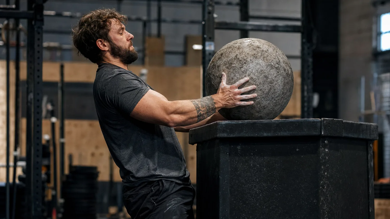CrossFit athlete extending the hips to load an atlas stone onto a platform