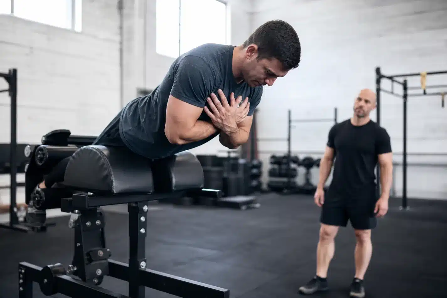 CrossFit athlete performing controlled back extensions on a GHD machine