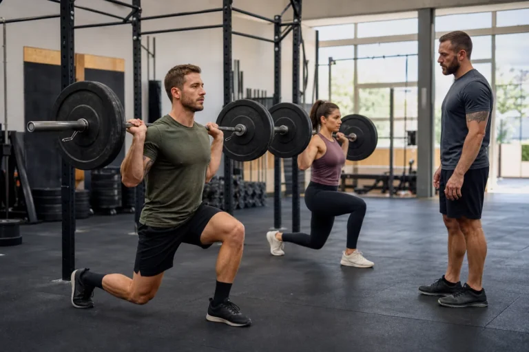 Athlete performing controlled back rack lunges in a CrossFit gym
