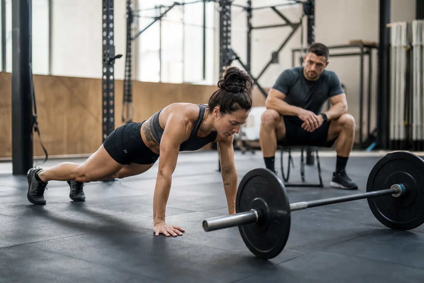 CrossFit athlete setting a clean plank position for bar facing burpees