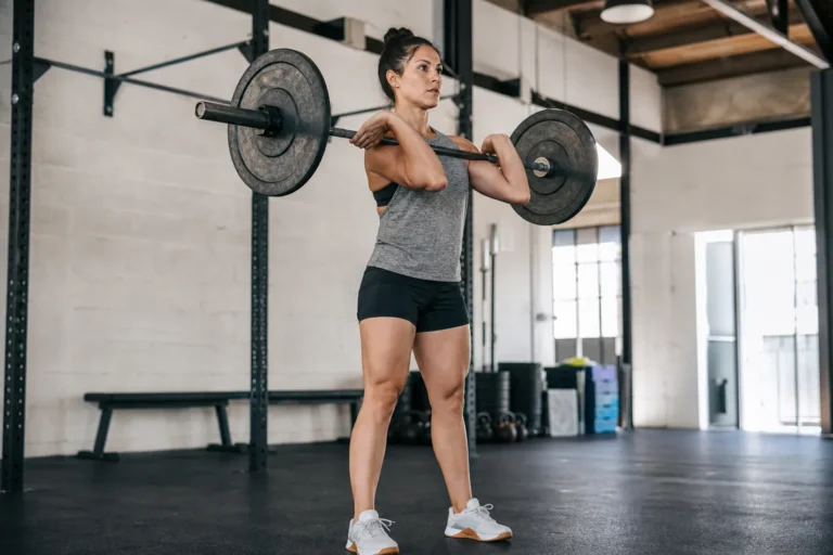 CrossFit athlete preparing for a Bear Complex barbell sequence in a gym
