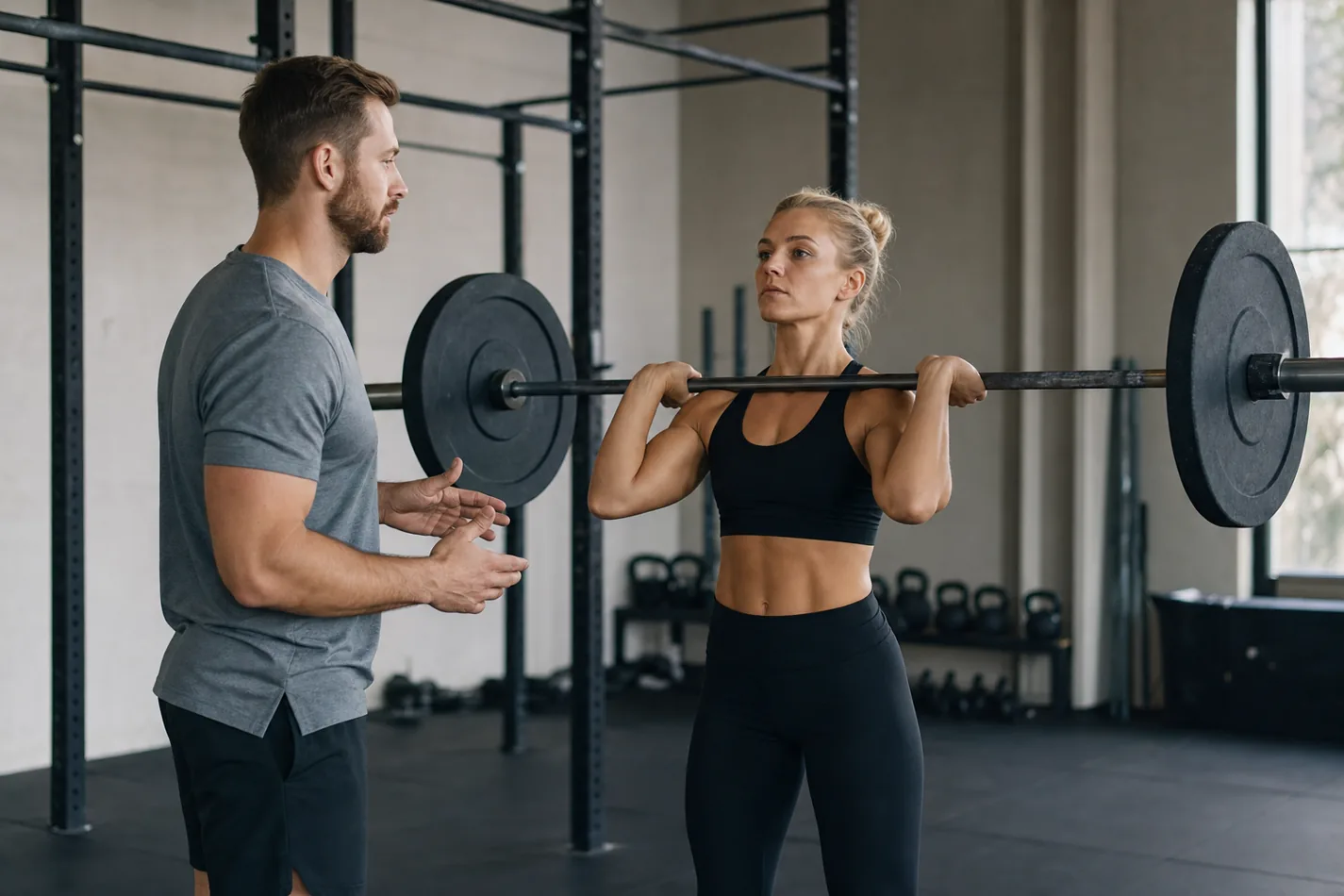 CrossFit athlete practicing a Bear Complex barbell transition in a gym