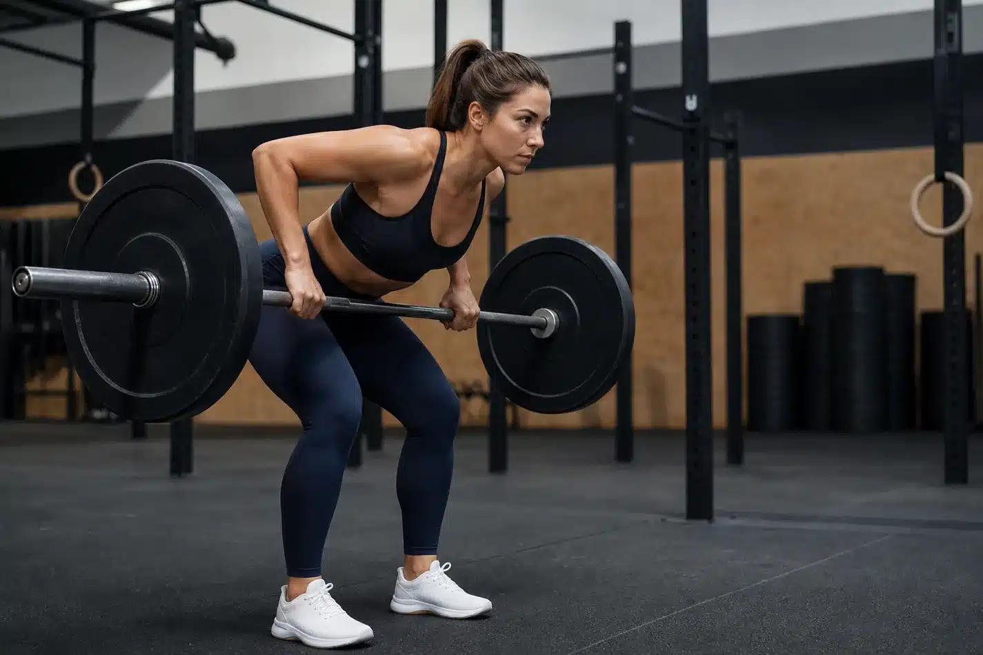 CrossFit athlete performing a controlled barbell bent-over row in a gym
