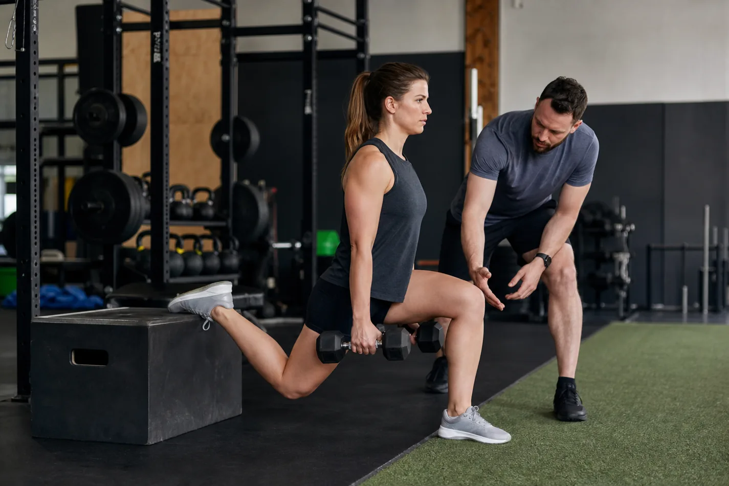 CrossFit athlete setting up a Bulgarian split squat with dumbbells