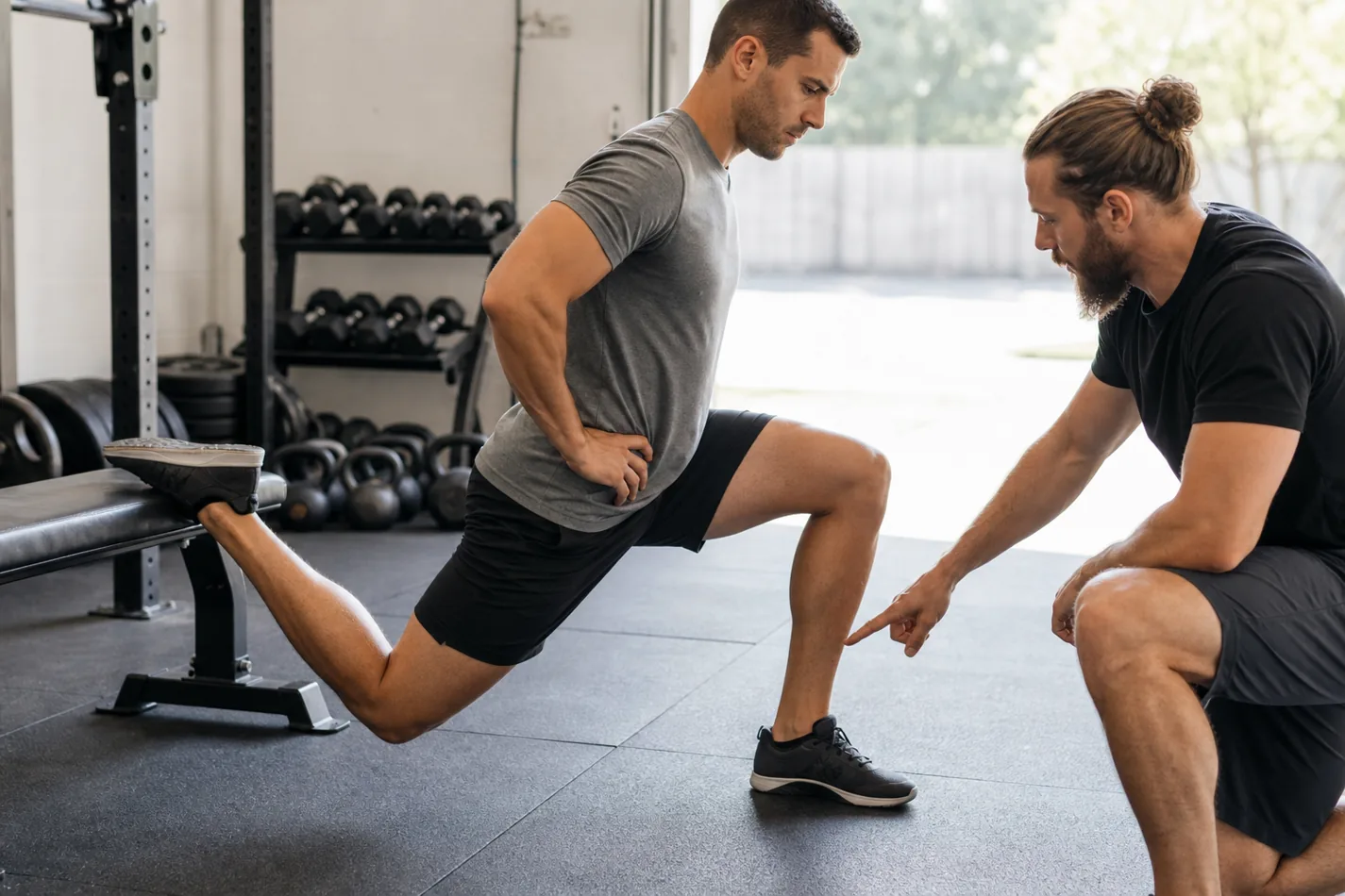 CrossFit coach checking front knee alignment during a Bulgarian split squat