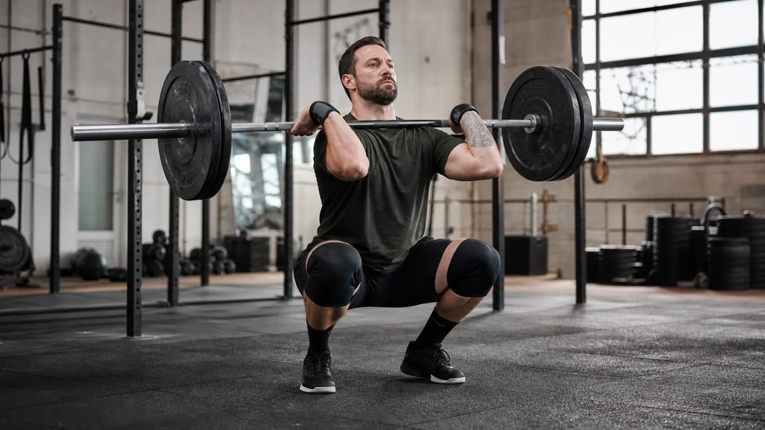 CrossFit athlete performing a barbell cluster from front rack to overhead press