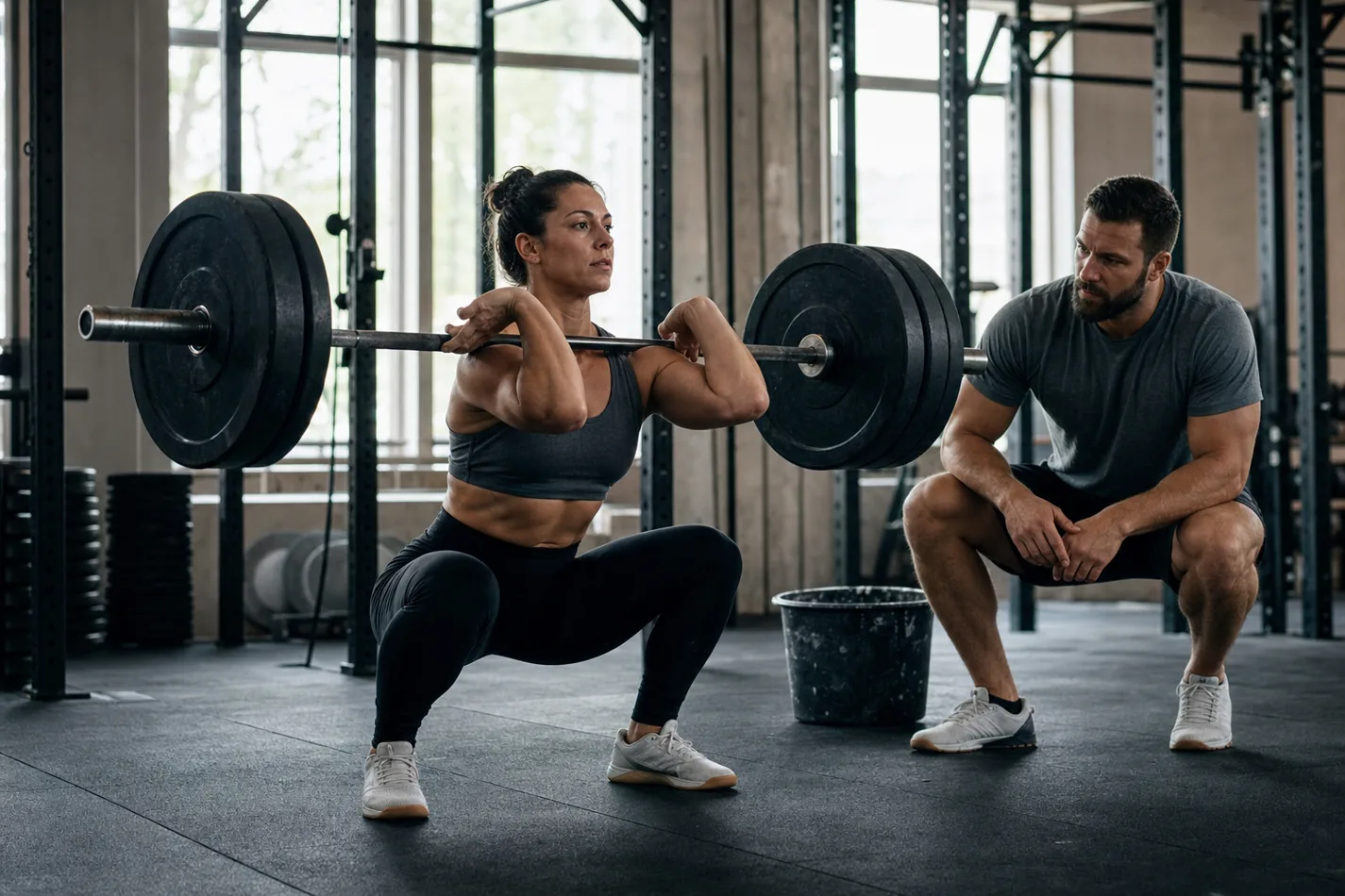 CrossFit athlete catching a barbell cluster in a deep front squat with elbows high