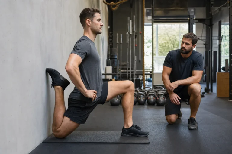CrossFit athlete demonstrating a couch stretch against a wall in a gym
