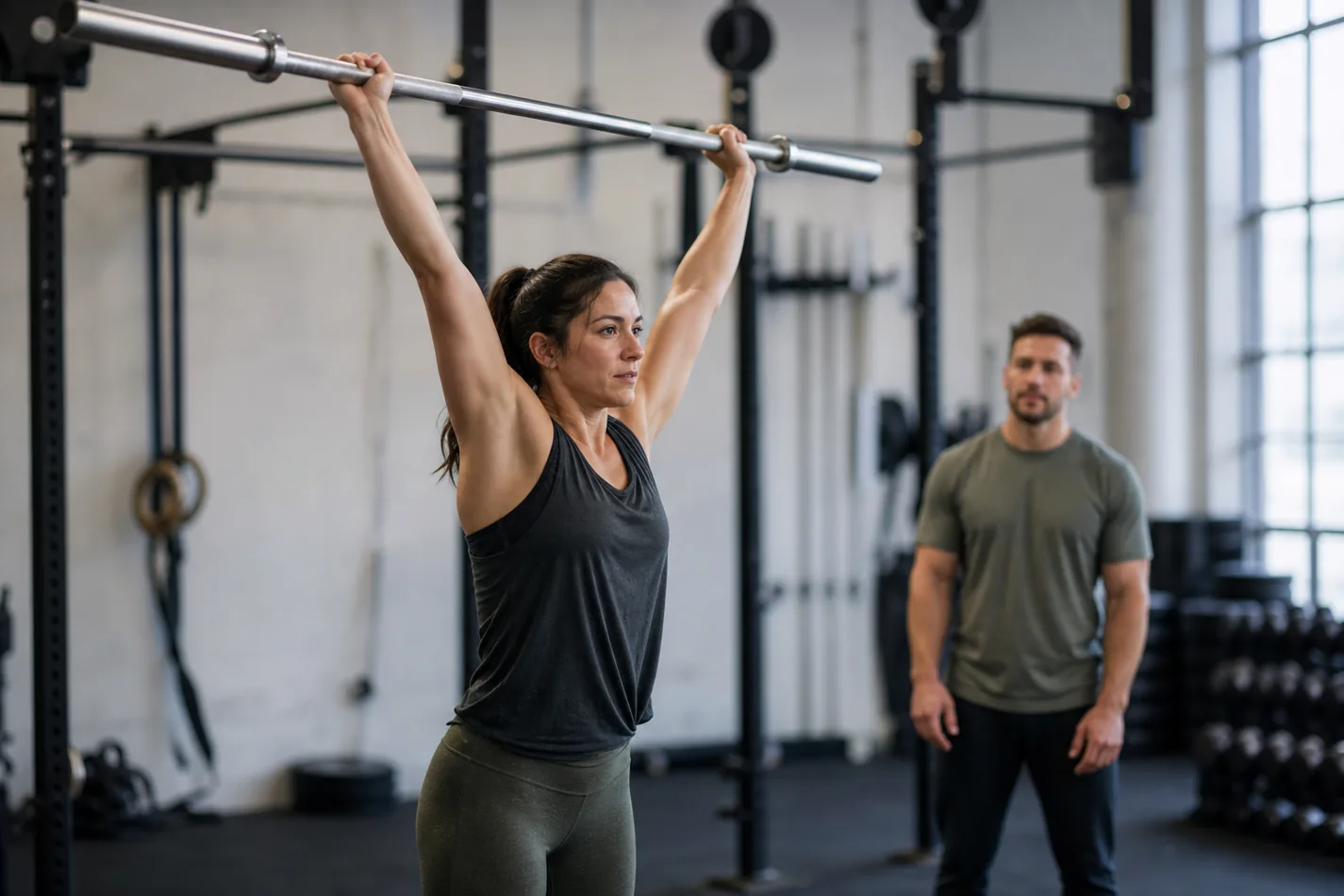 CrossFit athlete practicing a barbell complex from hang clean to front rack