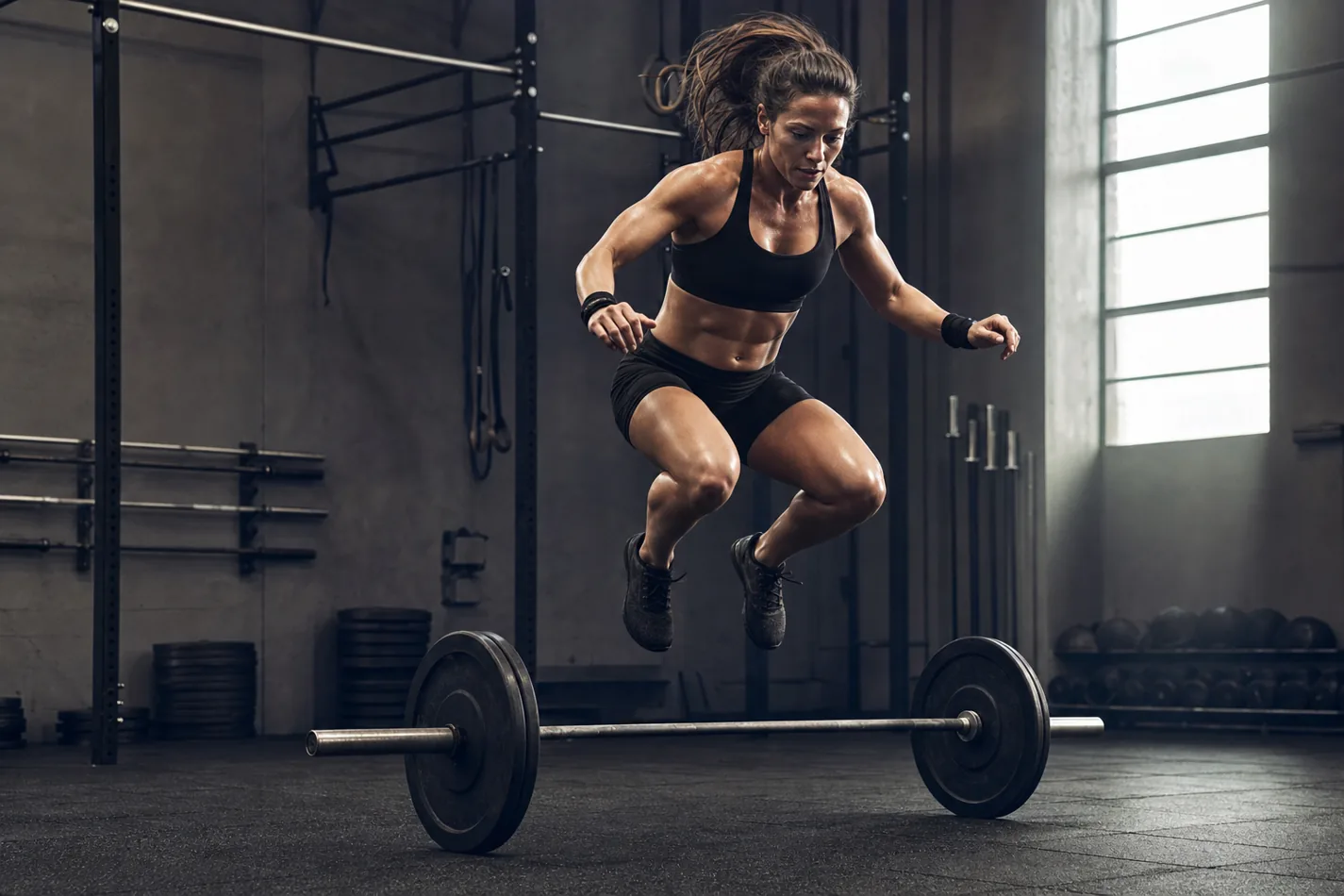 CrossFit athlete jumping over a barbell during bar facing burpees