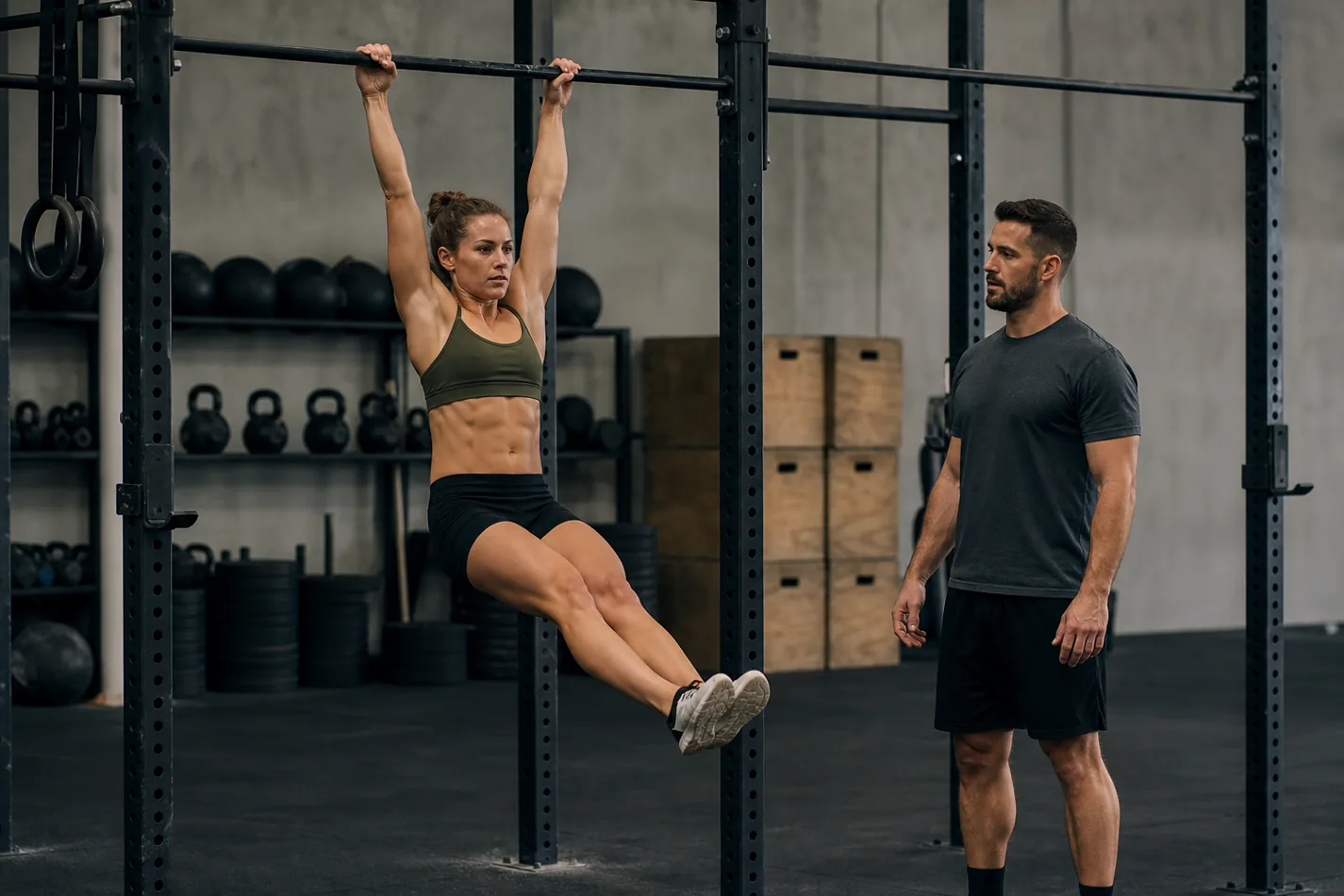 Athlete setting a tight hollow position before a chest-to-bar pull-up