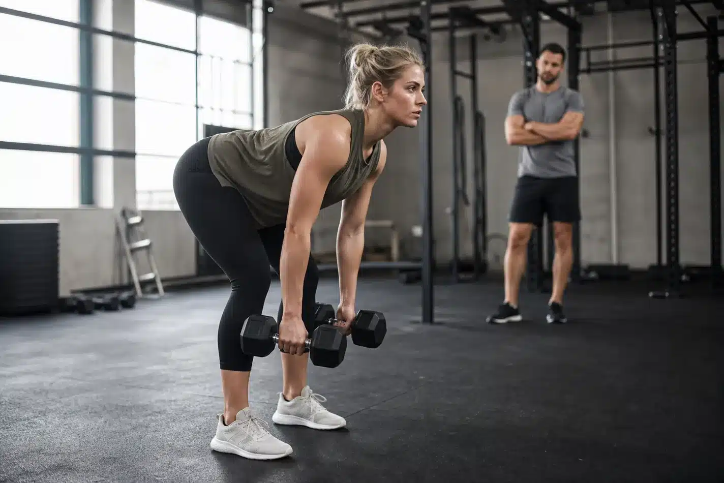 CrossFit athlete setting up double dumbbell bent-over rows with a neutral spine