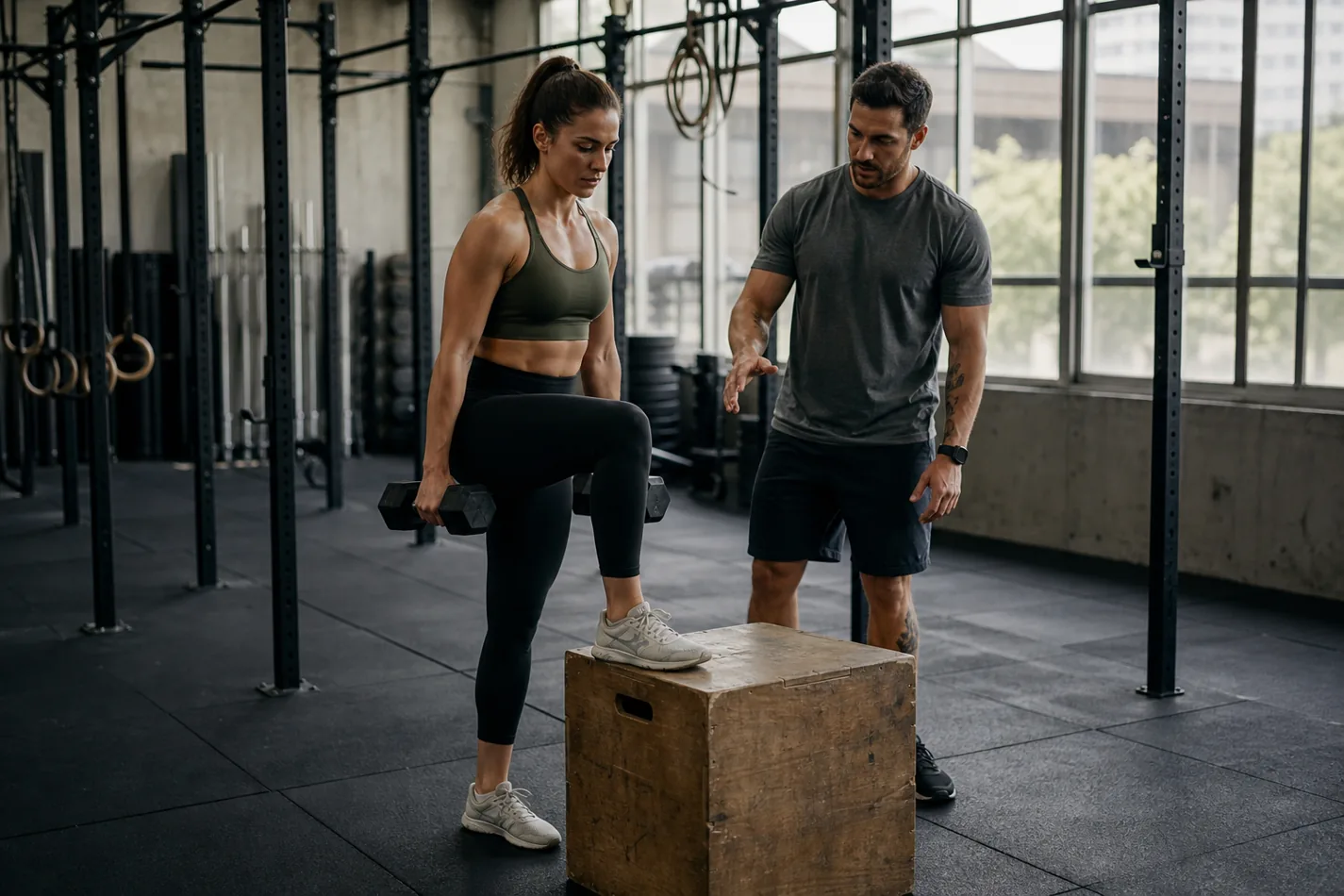 Athlete setting up for a dumbbell box step-over with stable foot placement