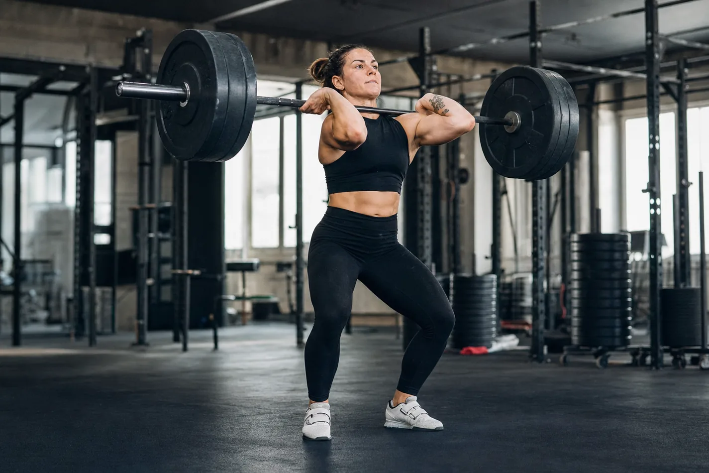 CrossFit athlete catching a hang power clean in a strong front rack position