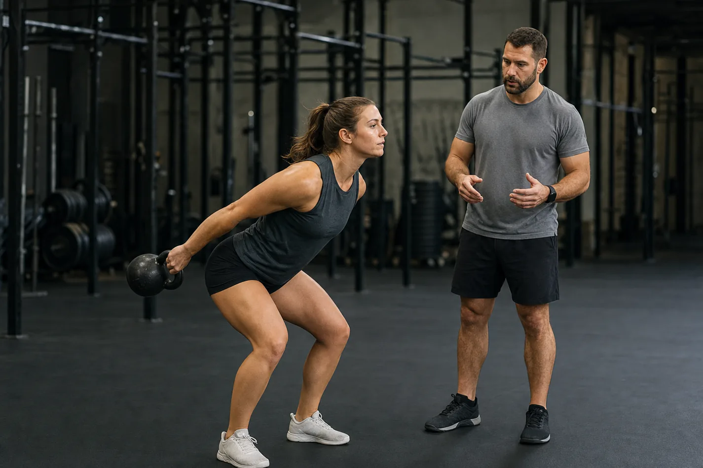 CrossFit athlete practicing the kettlebell snatch punch-through with a single kettlebell