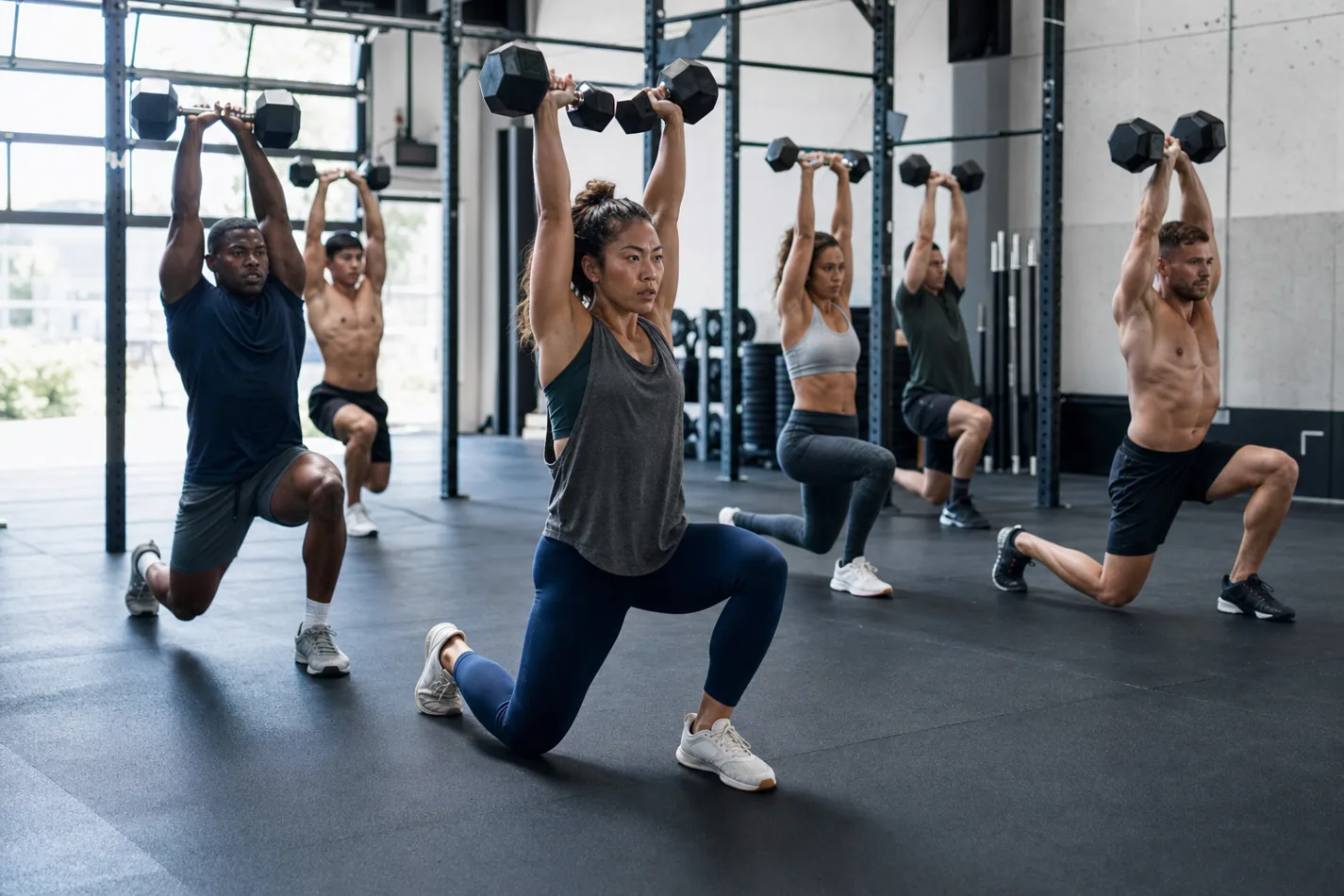 CrossFit athletes pacing overhead lunges during a workout