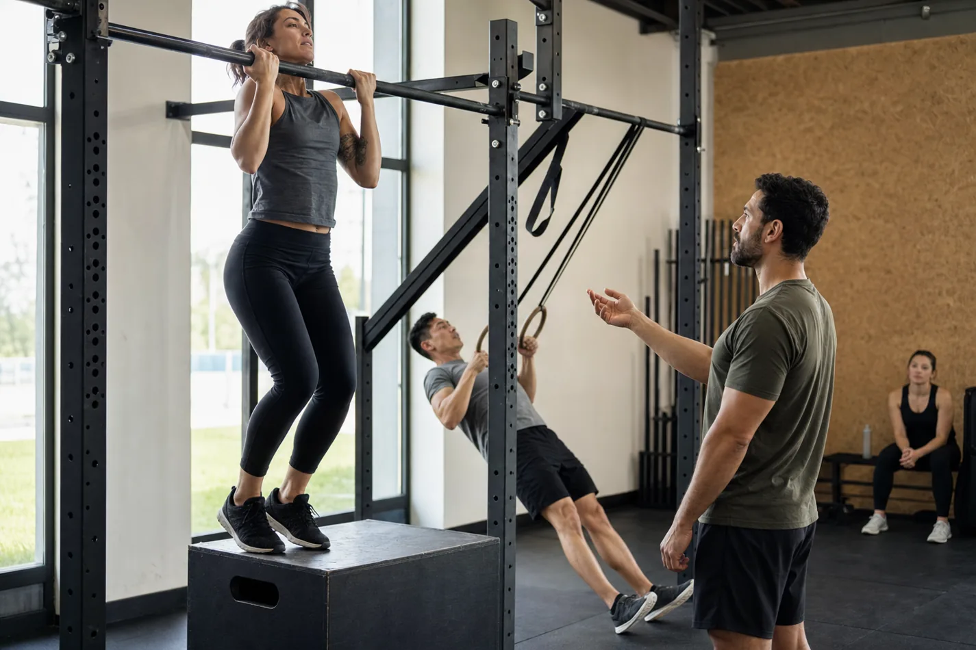 CrossFit class practicing scaled pulling drills with boxes and rings