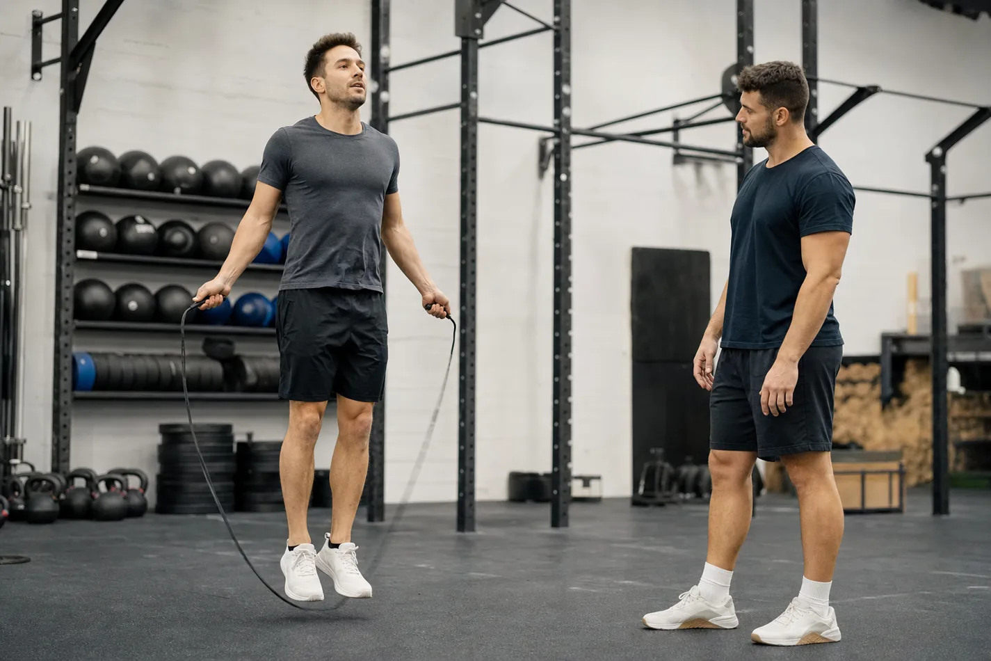 CrossFit athlete practicing single unders with a coach watching hand position