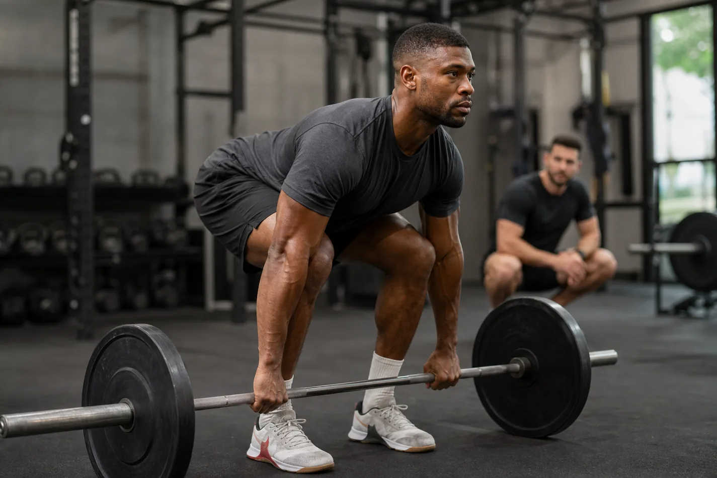 Athlete practicing a close bar path for a squat clean in a CrossFit gym