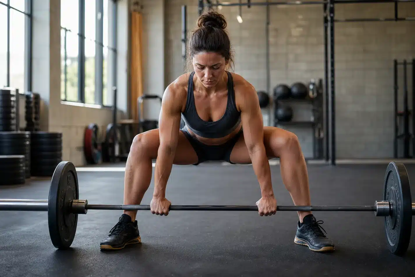 CrossFit athlete setting a wide sumo deadlift stance with hands inside the knees