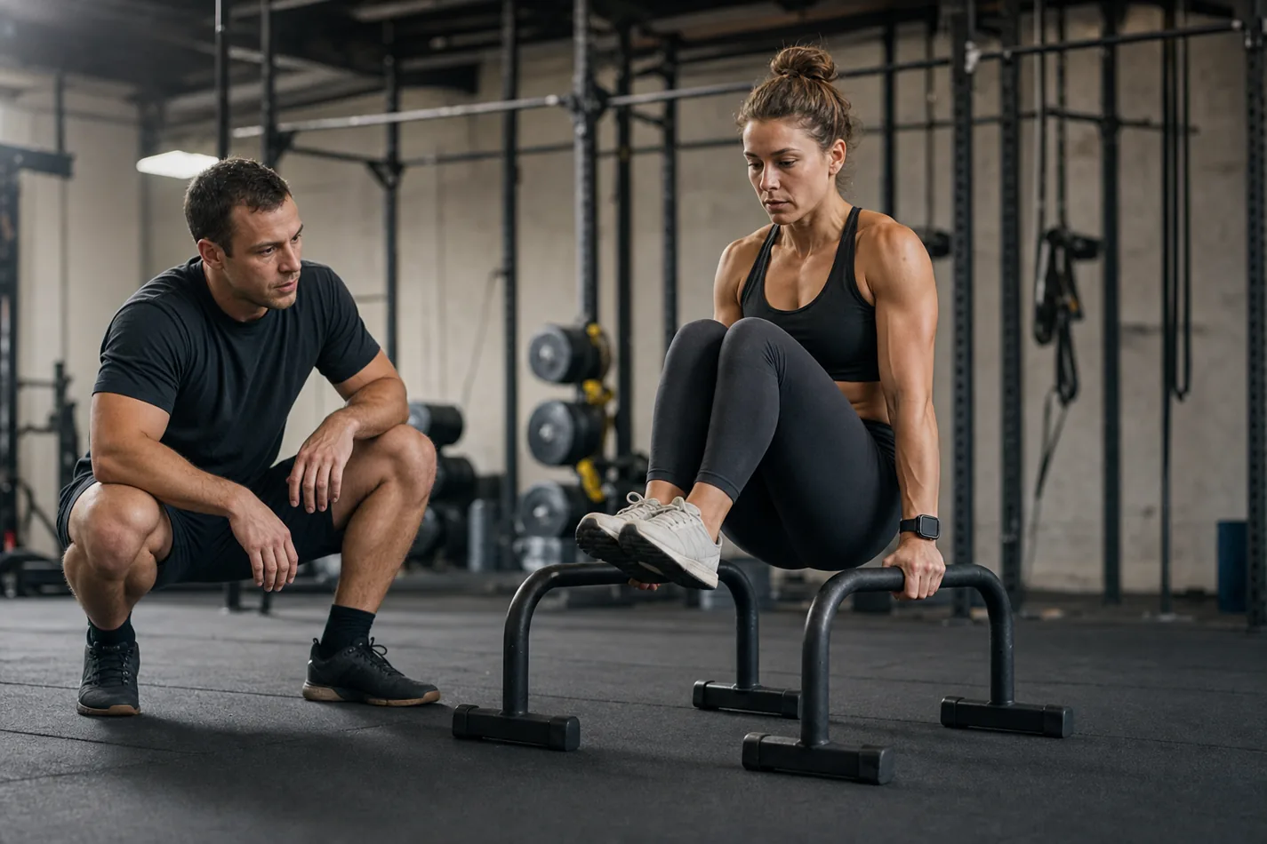 CrossFit athlete practicing a tucked L-sit progression on parallettes