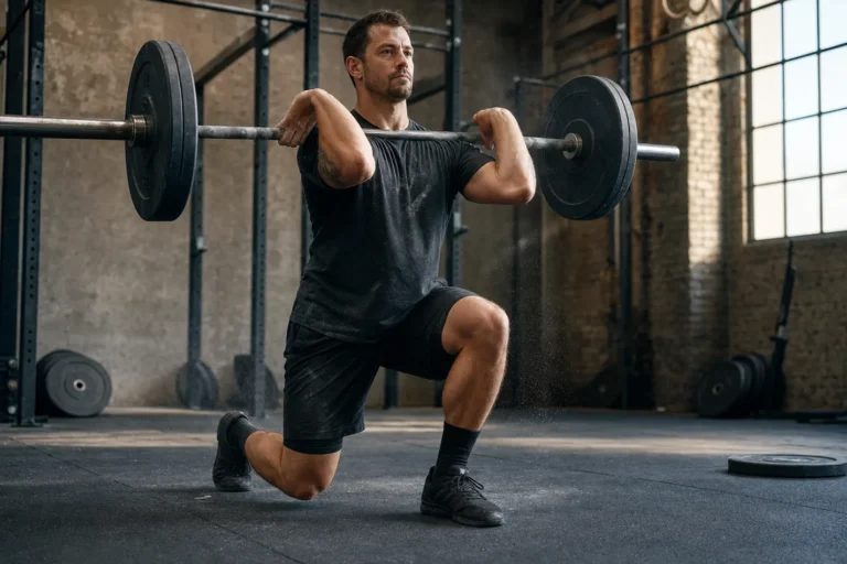 CrossFit athlete performing a Curtis P barbell complex in a functional fitness gym