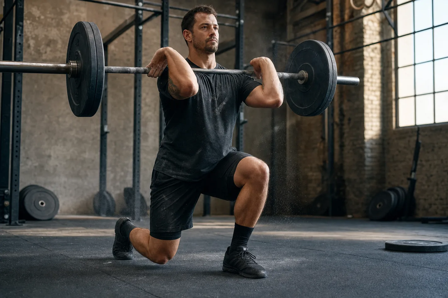 CrossFit athlete performing a Curtis P barbell complex in a functional fitness gym