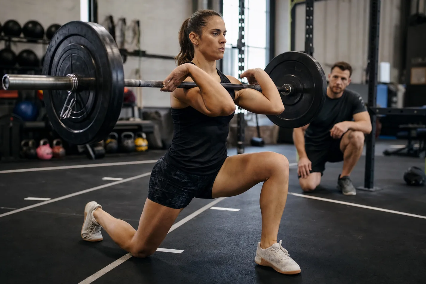 CrossFit athlete practicing Curtis P front rack lunge footwork with a barbell