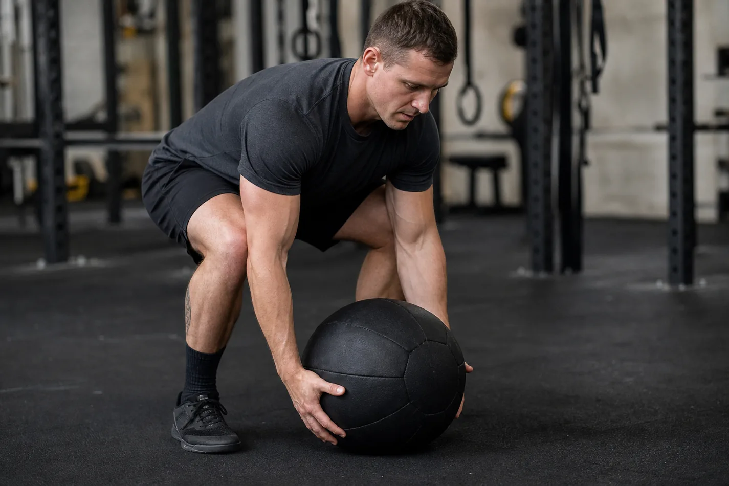 CrossFit athlete setting up for a D-ball over shoulder rep with the ball close to the feet