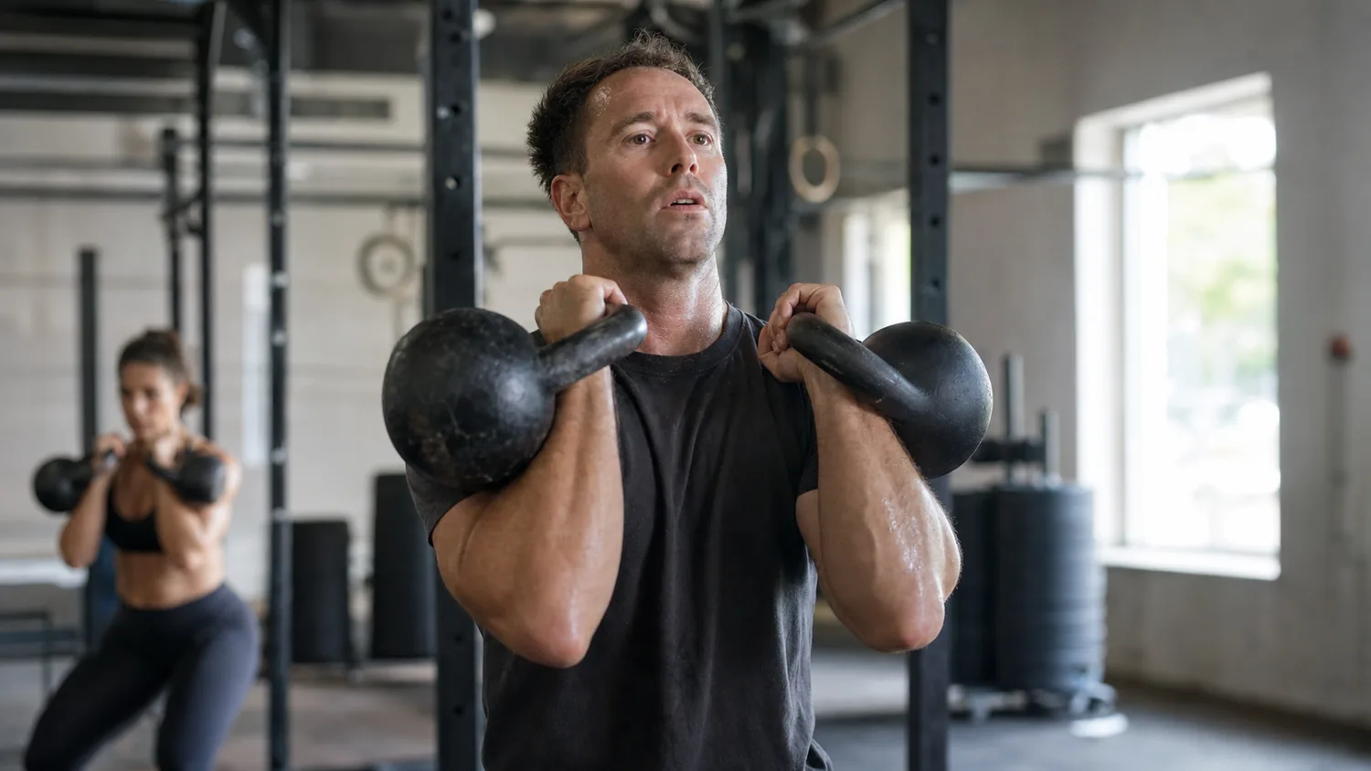 CrossFit athlete holding two kettlebells in a front rack during a workout