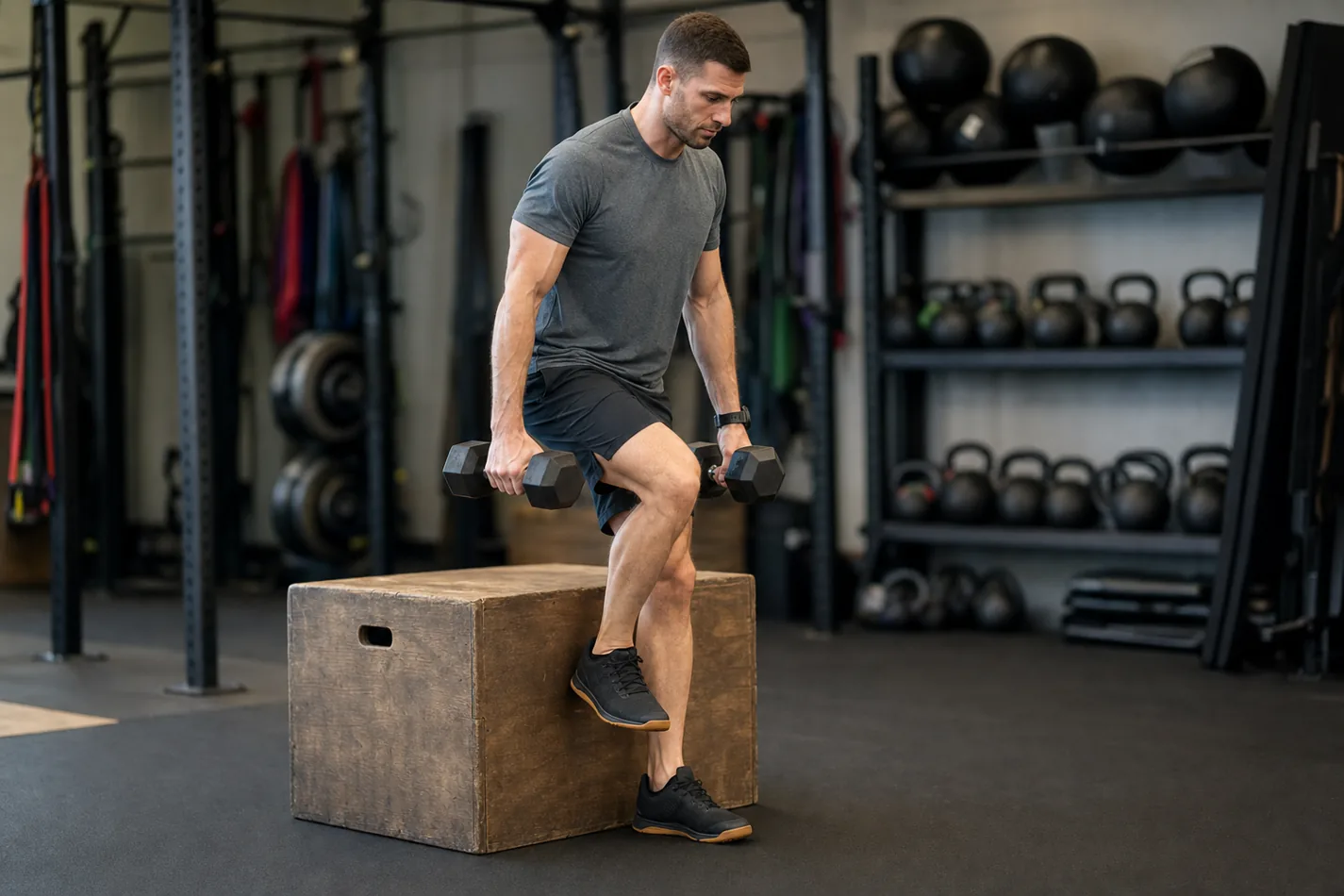Athlete stepping down under control during a dumbbell box step-over
