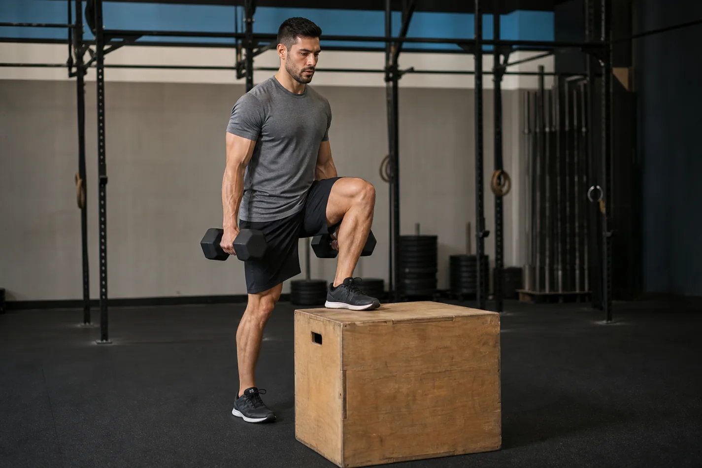 CrossFit athlete performing a dumbbell box step-over in a gym