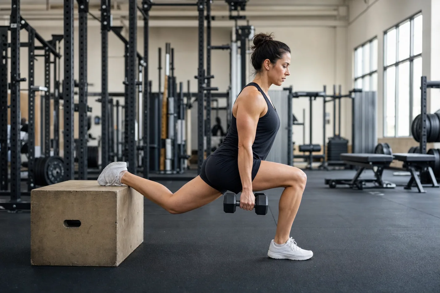Athlete doing a controlled dumbbell Bulgarian split squat in a CrossFit gym