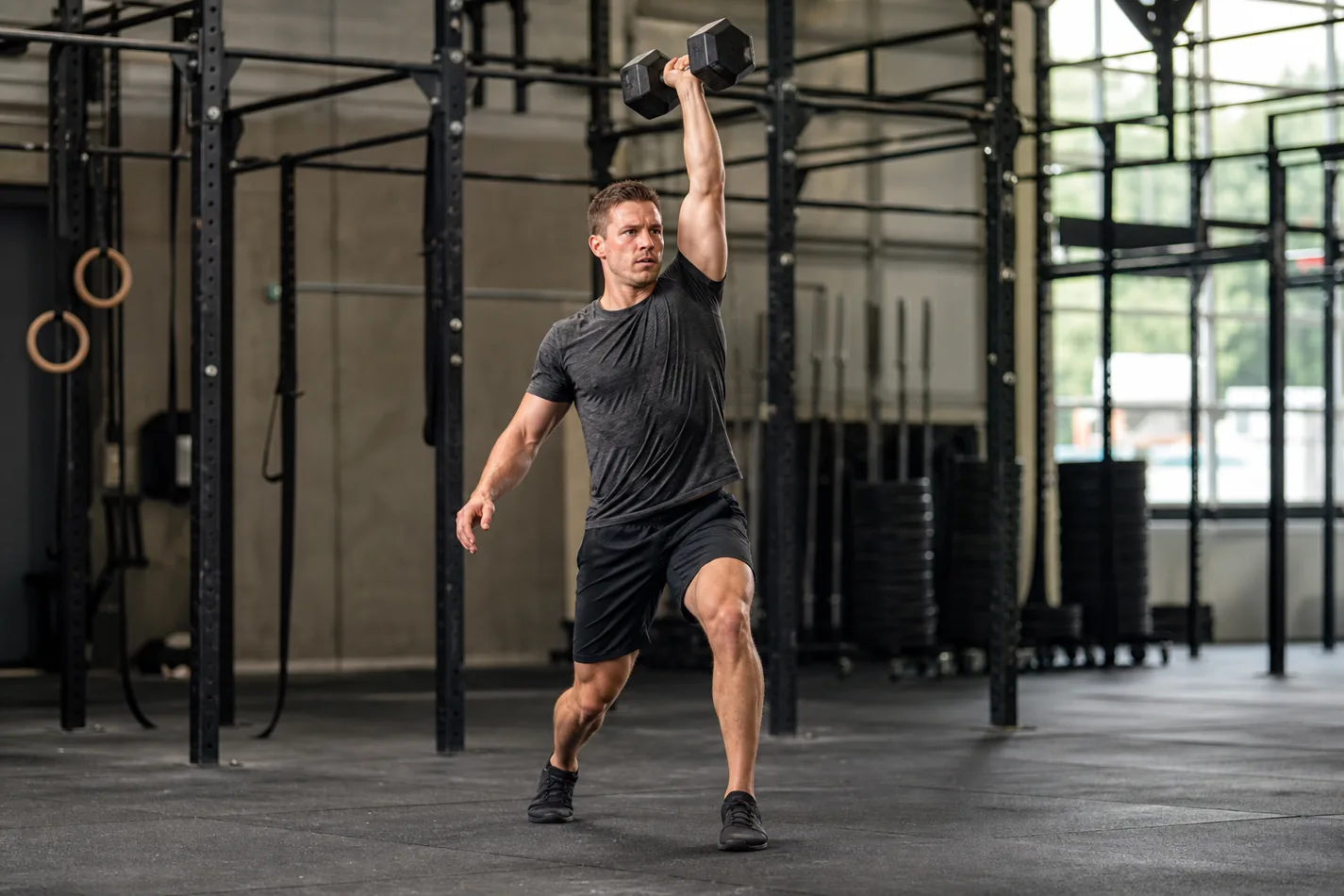 CrossFit athlete performing a single dumbbell clean and jerk