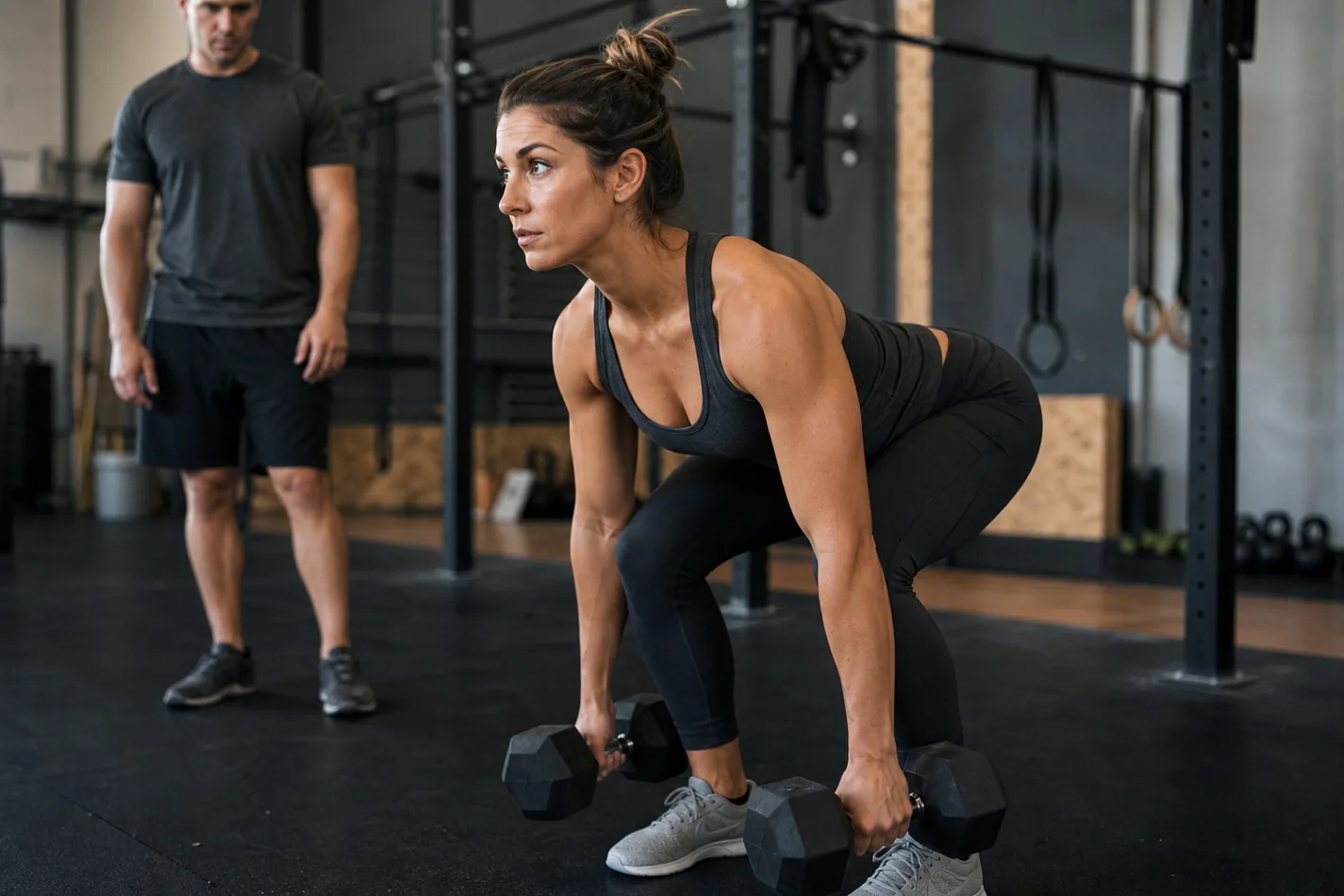 CrossFit athlete setting up a double dumbbell deadlift with the bells close to the feet