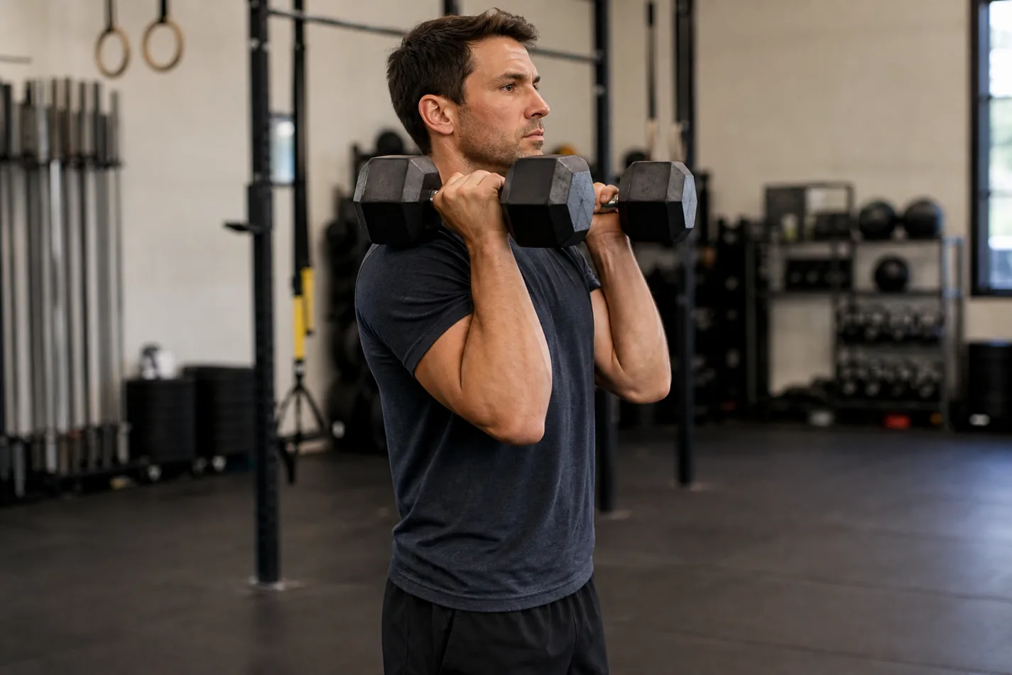 CrossFit athlete setting two dumbbells in the front rack position before a carry