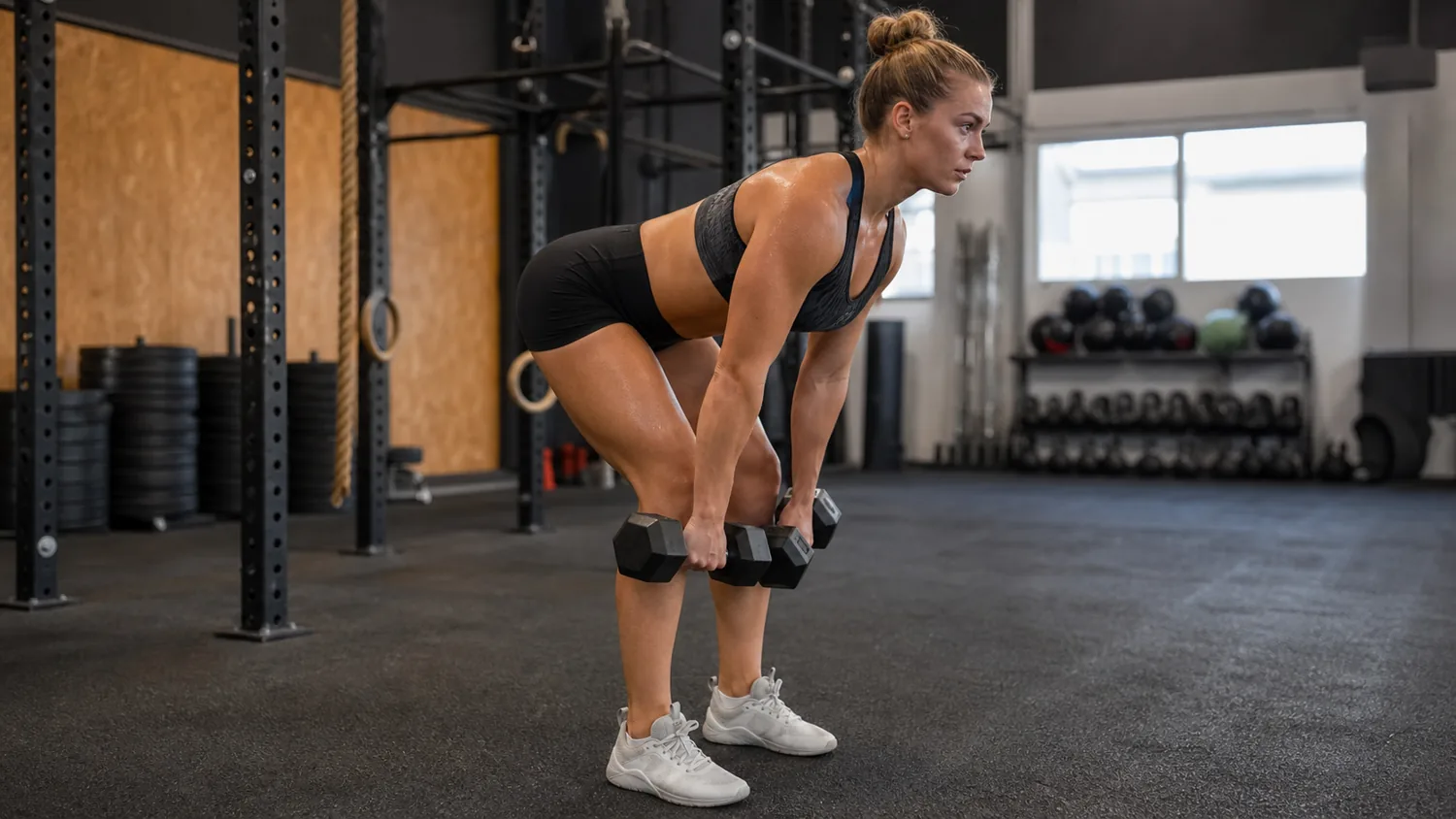 CrossFit athlete doing dumbbell Romanian deadlifts with controlled tempo