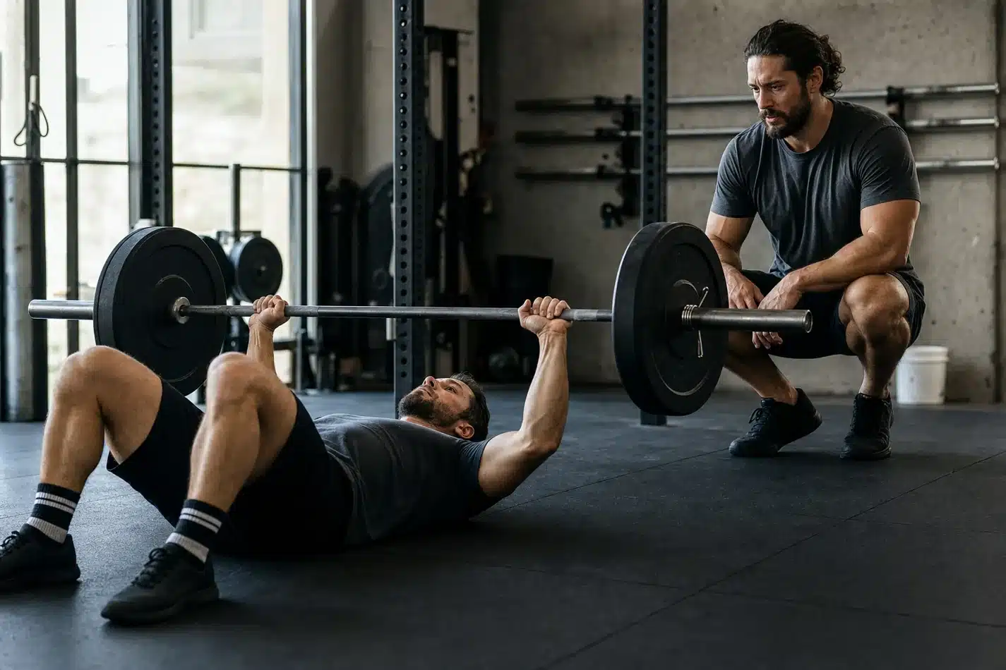 CrossFit athlete performing a controlled barbell floor press on a gym floor