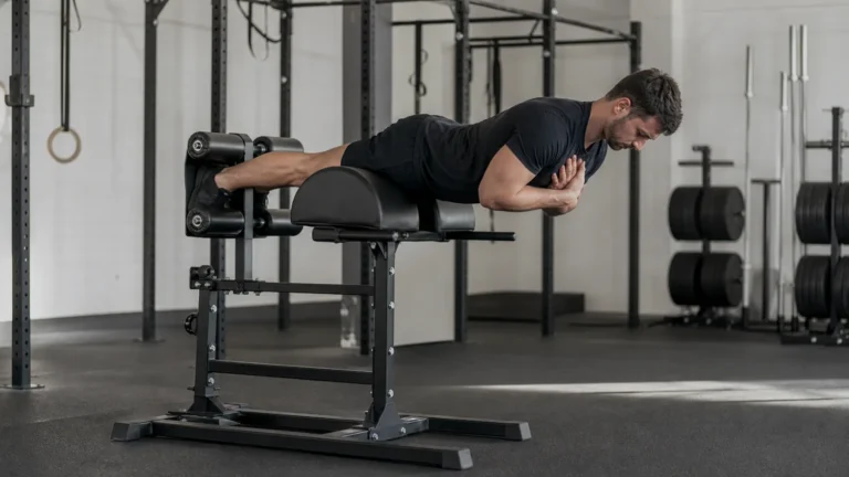 Athlete performing a controlled GHD hip extension in a CrossFit gym