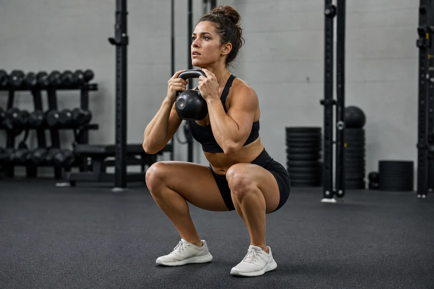 CrossFit athlete driving up from a kettlebell goblet squat with knees tracking over toes