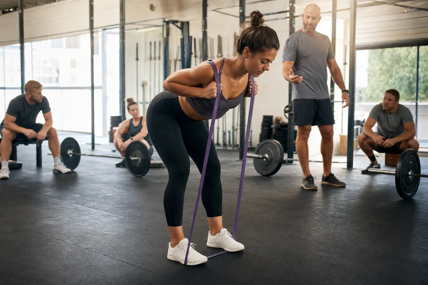 CrossFit athlete doing banded good mornings as accessory work after deadlifts
