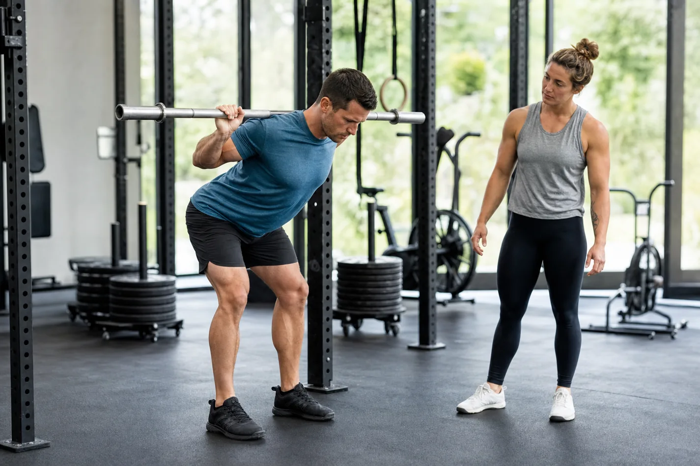 CrossFit athlete performing a controlled barbell good morning in a gym