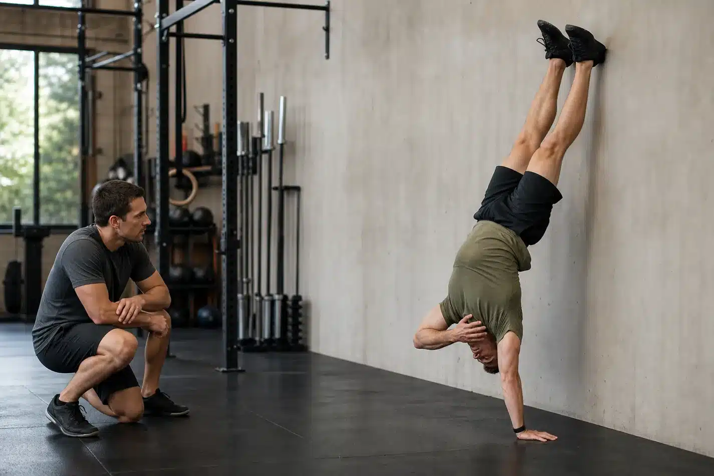 CrossFit athlete practicing handstand shoulder taps against a wall