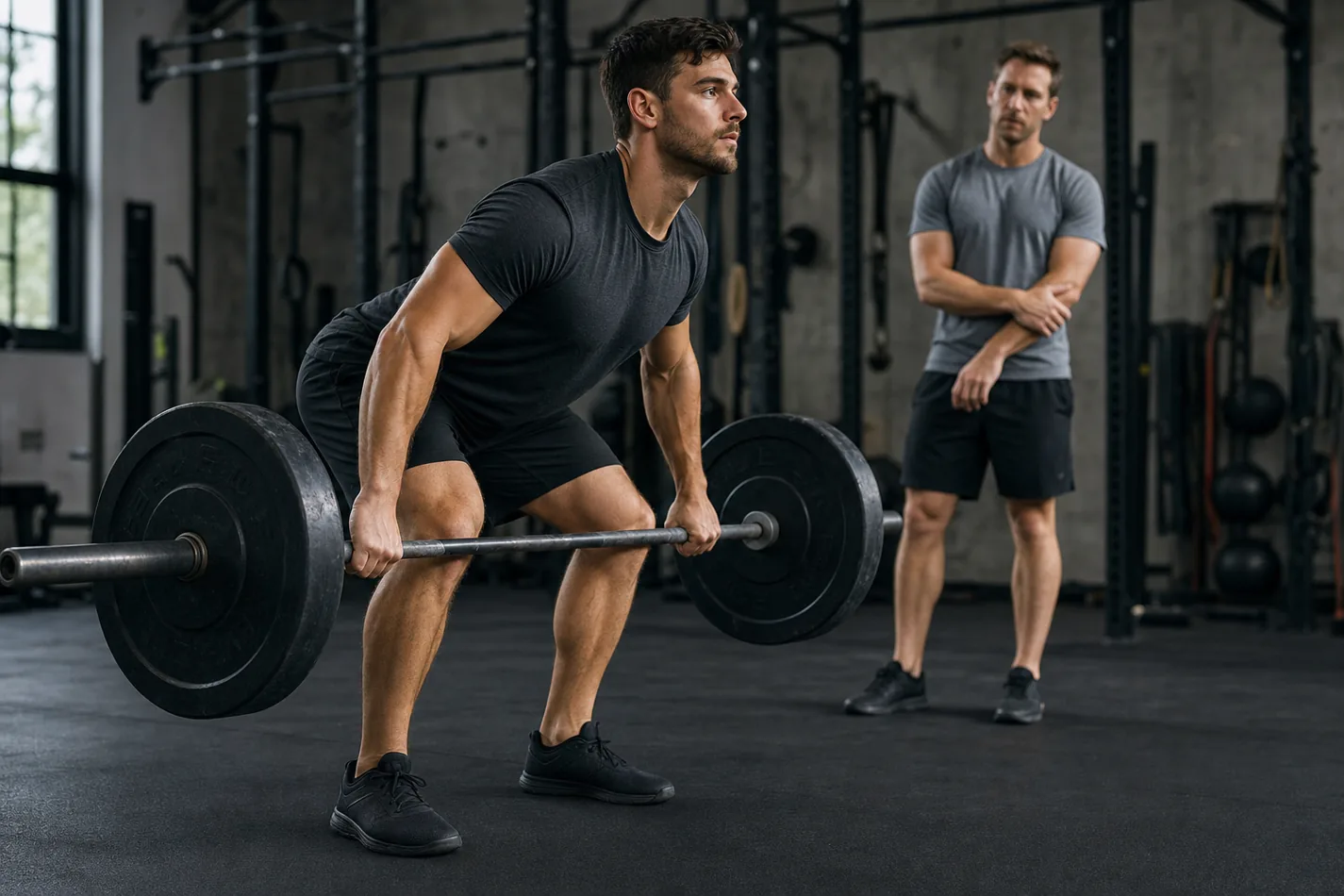 CrossFit athlete setting up a hang power clean with the bar close to the thighs